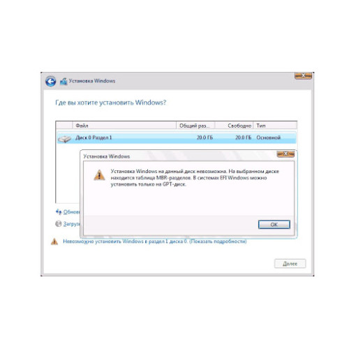 На выбранном диске находится таблица MBR-разделов